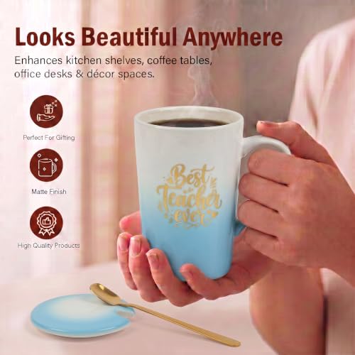 Image of ZAICUS Best Teacher Ever Coffee Mug with Lid & Spoon, Ceramic Gift Mug | Ideal Teacher Appreciation Gift | Ideal for Coffee, Tea & Daily Use | White & Blue Gradient Design
