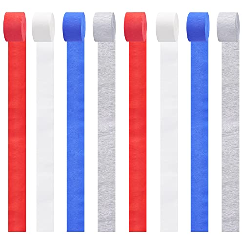 Crepe Paper Streamers 8 Rolls 656Ft, Red White Blue Silver Streamer Tassels Patriotic Decorations For Memorial Day Fourth Of July Independence Day American Theme Party #TOP3