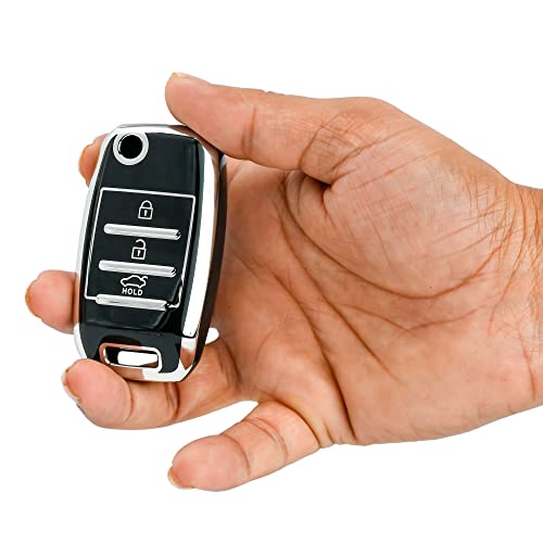 Image of KMH TPU Silver Car Smart Key Cover Compatible for Kia Seltos and Sonet 3 Push Button Smart Flip Key Shell Case Holder, Full Key Protection (Silver Black & Silver White) Pack of 2