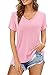 Florboom T-Shirt Damen Sommer Oberteile V-Ausschnitt Longshirt Kurzarm Einfarbiges Tshirt Rosa XXL