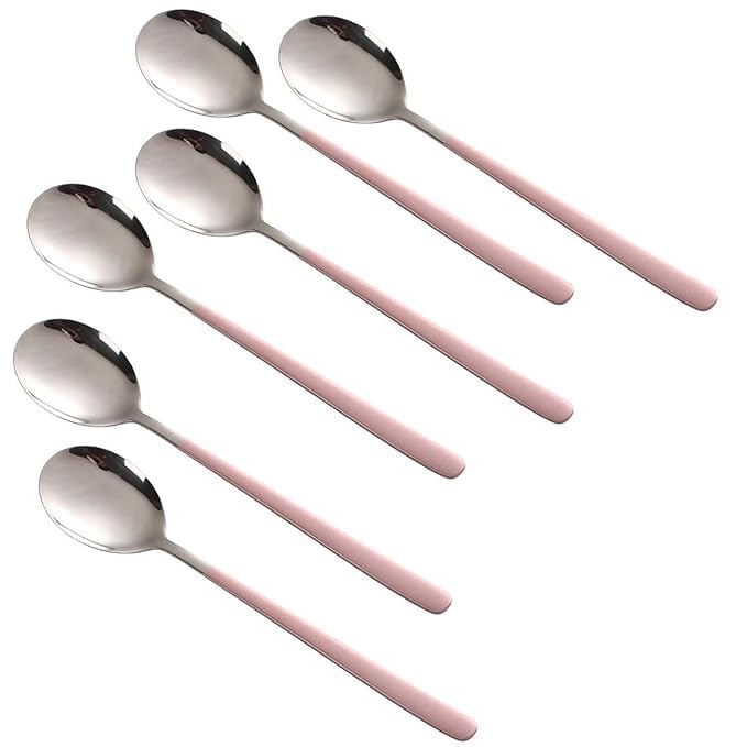 Image of Stainless Steel Dinner /Table Spoons, Silver Elliptical Head, Spoon Set, Length 21 cm (6 Pieces Pink Spoon)