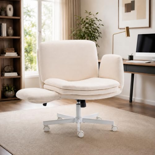 Image of Armrests Criss Cross Chair - Wide Comfy Swivel Vanity Chairs with Wheels, Comfortable Adjustable Home Office Desk Computer Chair for Reading Room, Bedroom, Makeup Room (Beige)