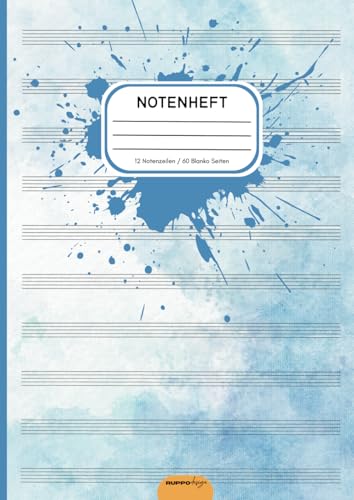Notenheft: DIN A4 Notenlinienheft, Notenbuch für den Musik-Unterricht, A4 Blanko Notenpapier, Musiktheorie Schule, 60 Seiten mit 12 Notenzeilen / Systeme pro Blatt