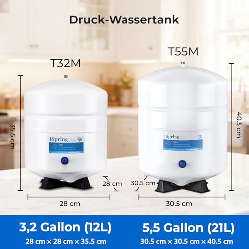 iSpring T32M Umkehrosmose 3.2 G Wassertank, 12 L Wasser Container lebensmittelecht, 1/4-Tankventil im Lieferumfang enthalten