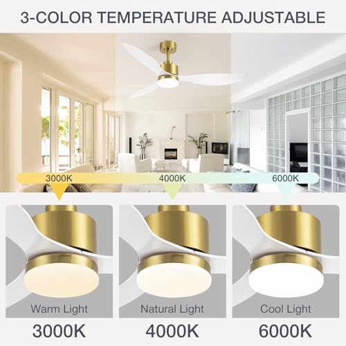 Breezary 52" Contemporary Ceiling Fans with Lights and Remote, Quiet DC Motor, 3 Reversible Blades, 6-Speed, Modern Gold and White Low Profile Ceiling Fan with 3-Color LED Light Fandelier for Bedroom