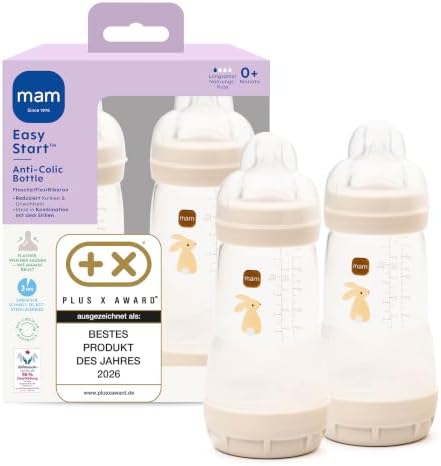 MAM Easy Start Anti-Colic Babyflasche 2x 260 ml, 0+ Monate, Gr. 1, Hase | Selbst-sterilisierend in der Mikrowelle in 3 Min, Anti-Kolik-Bodenventil, brustähnlicher SkinSoft Sauger,
