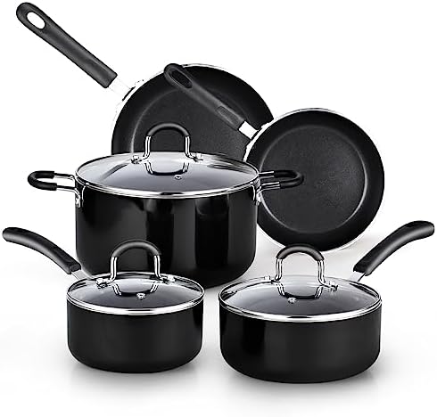 Cook N Home Pots and Pans Nonstick Kitchen Cookware Sets include Saucepan Frying Pan Stockpots 8-Piece, Heavy Gauge, Stay Cool Handle, Black