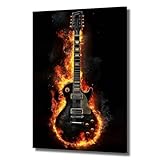 ZSHARTSWD Guitar Canvas Wall Art Fire Burning Electric Guitar Picture Abstract Musical Instrument Poster Print Jazz Music Painting for Bedroom Bar Decor Framed (Black, 18L x 12W)