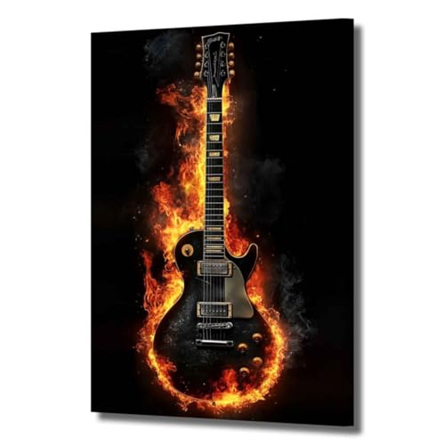 ZSHARTSWD Guitar Canvas Wall Art Fire Burning Electric Guitar Picture