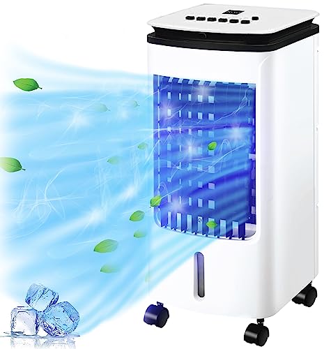 Nyxi Portable Air Cooler Fan with Remote Control Powerful 4L Water Tank 2 Ice Box 3 Fan Speed Settings 120 Oscillation Anti-Dust Filter Evaporative Cooling Fan on Wheels White