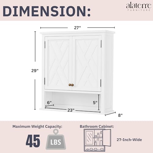 Alaterre Furniture Coventry Wall Mounted Bathroom Cabinet with Shaker-Style Doors, Adjustable Shelf & Open Storage – 27" x 29" Space-Saving Organizer for Small Bathrooms