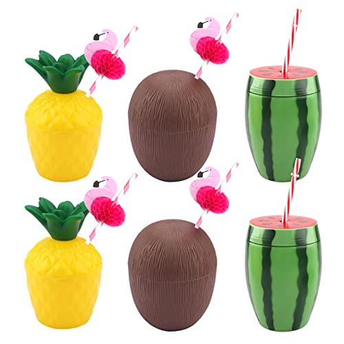 Hileyu 6 pièces Tasses de Noix de Coco de fête hawaïenne,Tasses d'ananas et Tasses de pastèque Tasses à Boire de Cocktail Tropical avec 6 pièces de Paille,pour la fête d'été à thème de Plage