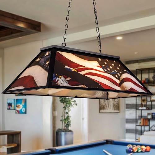 Wellmet Tiffany-Style Pool Table Light 3 Light, 43.3\'\' Billiards Light No Shadow Lighting with American Flag Shade for Game Room 7\' 8\' Table, Vintage Chandelier for Bar Kitchen Island Man Cave