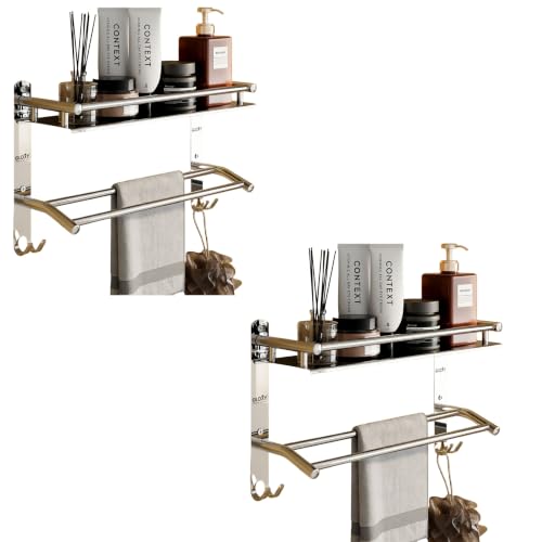 Image of GLOXY Premium Combo Pack of 2 Washroom Storage Organizer Rack Shelf with Bathroom Towel Hanger 15 inch - Stainless Steel Chrome Finished Heavy Bathroom Fittings Accessories Set for Home & Office