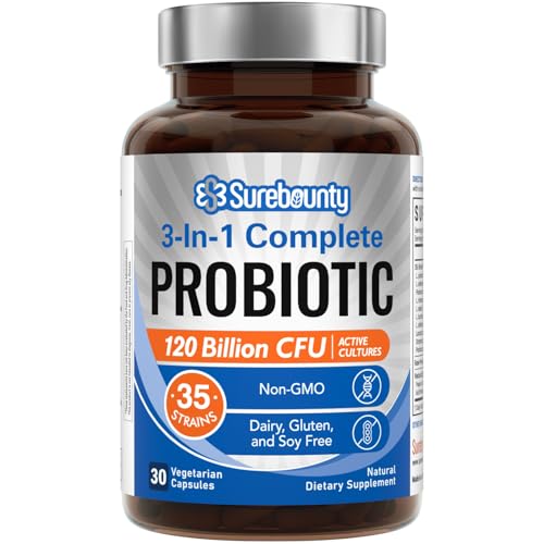 Surebounty Probiotics 120 Billion CFU, Probiotics for Men & Women, Prebiotics + Digestive Enzymes, Highest Potency, 3-in-1 Complete Probiotic, 30 Capsules