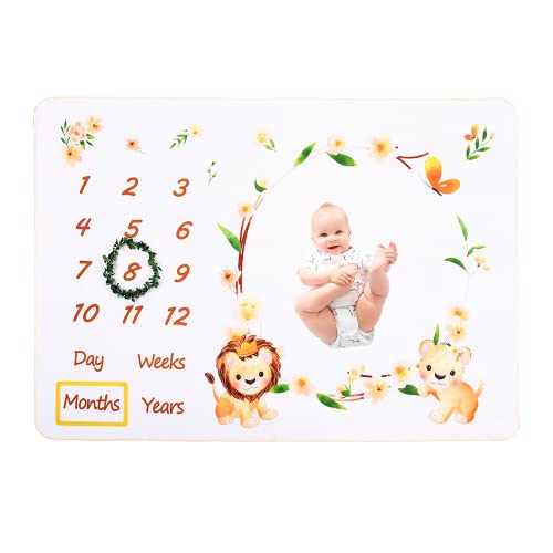 Image of CHILDREN'S GANG Baby Boy Monthly Milestone Blanket, 60"x40" Baby Girl Month Blanket, Newborn Baby Shower Photography Backdrop Blanket with Floral Wreath + Frames (Lion)