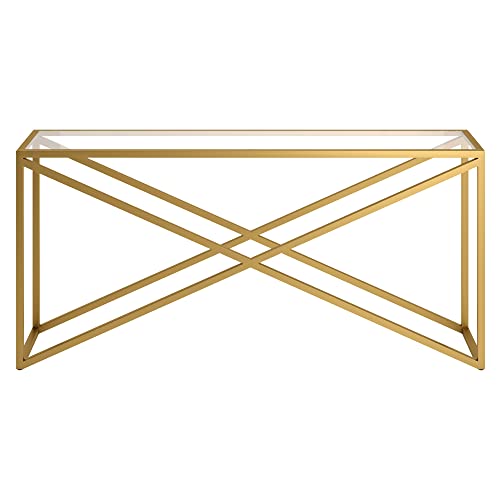 Image of Henn&Hart 64 inch Wide Rectangular Console Table in Brass, for Home, Living Room, Bedroom, Entertainment Room, Office