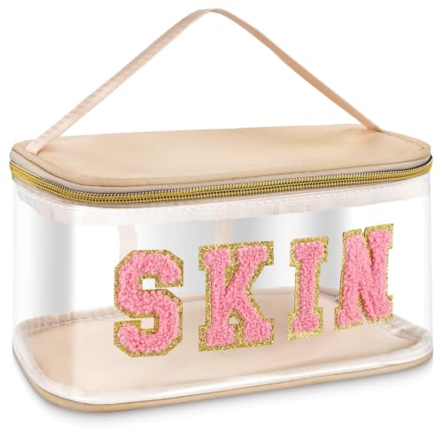 Aufee Chenille Letter Skin Makeup Bag with Handle Pink Nylon & PVC Makeup Treavling Handbag Clear Toiletry Skin Storage Pouch Waterproof Large Clear Zipper Storage Bag for Women Girls Traveling