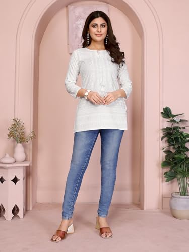 Image of rangita White Rayon Straight Embroidered Short Length Kurti | Kurta for Women