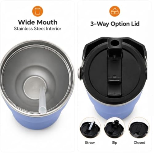 Image of 900ml Insulated Tumbler with Handle and Straw Lid | Stainless Steel Vacuum Mug | Leakproof Water Bottle | Hot & Cold Coffee Tumbler | Drinking Cup for Gym, Office, Car, Camping & Travel (Sky Blue)