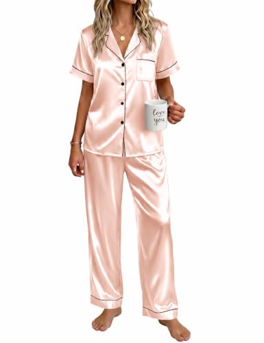 Ekouaer Womens Satin Pajama Set Silky Short Sleeve Button Down Pj Set