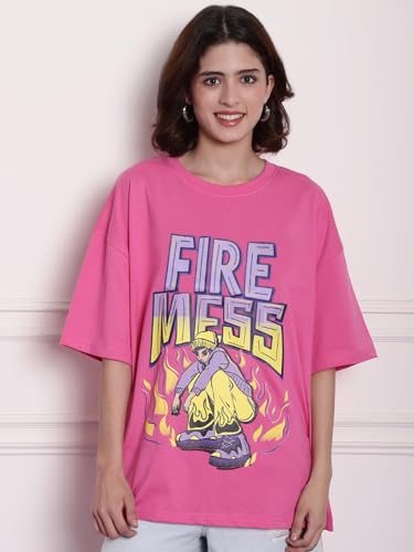 Image of Fabflee Oversized Cotton Baggy Drop Shoulder Graphic Tee with Half Sleeves | Korean Casual Loose T-Shirt for Women