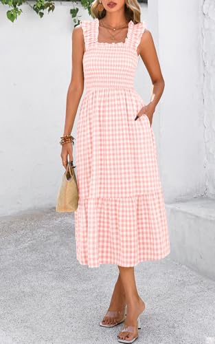 PRETTYGARDEN Womens Summer Dress Casual Square Neck Ruffle Strap Gingham Smocked Midi Flowy A Line Beach Vacation Sun Dresses4