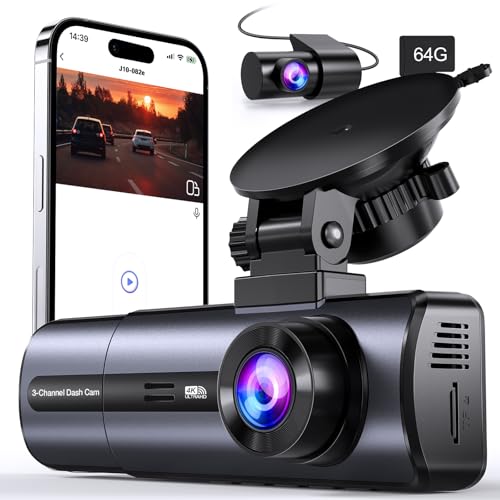 Deal: 3 Channel 4K Dash Cam with 5GHz WiFi & APP Control, 4K/2.5K+1080P+1080P Front Inside and Rear, Triple Dash Camera with 64GB Card, G-Sensor, 24 Hours Parking Mode, Loop Recording, Night Vision