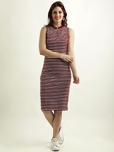 فستان من مس أوليف قصير مصنوع من القطن برقبة مستديرة للنساء بتصميم فيتد وبدون أكمام قابل للتنفس باللونين الكستنائي والأبيض مقاس متوسط