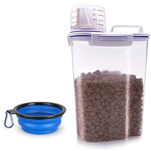 Dog Food Storage Container Small, Cat Food Storage Container Airtight Plastic Dispenser with Graduated Measuring Cup, Pourable Spout and Portable Collapsible Dog Bowl for Pet Food, Birds Seed