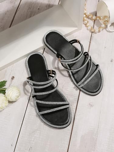 Image of GORGLITTER Women's Rhinestone Sparkly Metallic Strappy Flat Sandals Cute Toe Slip on Slide Sandals