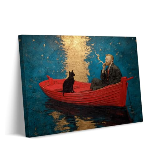 Art Toile Style Van Gogh Chat Noir | Décoration Murale Surréaliste Philosophe Bateau Rouge