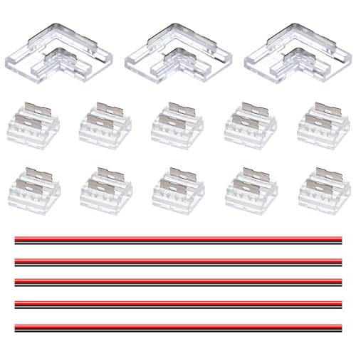 GOMING 2-polig 8mm Boardbreite COB LED Streifen Steckverbinder Kit 10 Transparente Lückenlose Verbinder 3 L-Förmige/Winkel lückenlose Verbinders 5 Verlängerungsdrähte 15cm für LED-Streifen