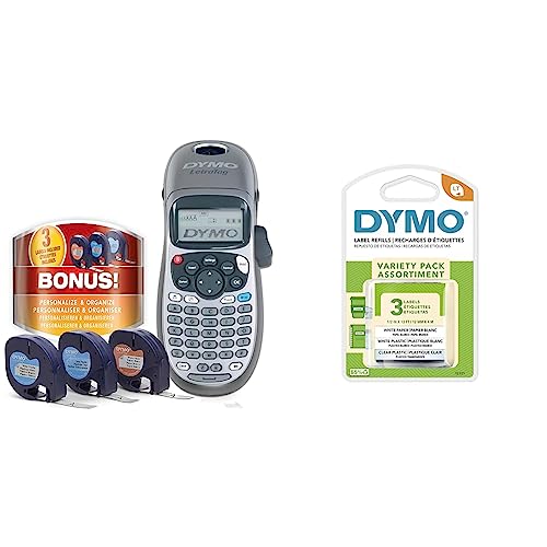 DYMO Label Maker, LetraTag 100H Handheld Label Maker & LetraTag Labeling Tape for LetraTag Label Makers, Black Print on White Paper, White Plastic and Clear Plastic Tapes, 1/2'' W x 13' L, 3 Rolls