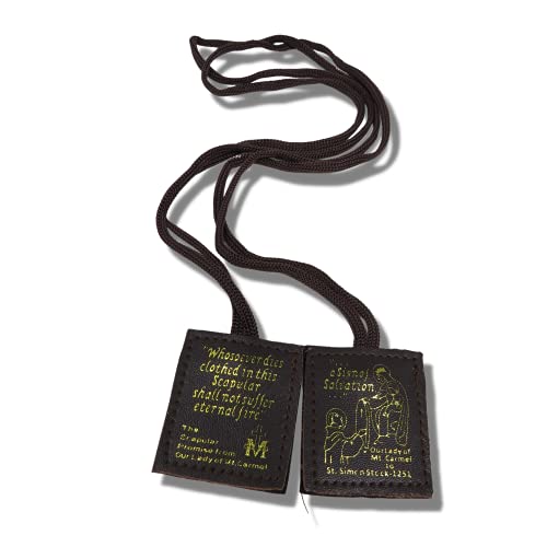 Needzo Brown Stamped Leather Scapulars Catholic Necklace for Men and Women, Scapular with Our Lady of Mt Carmel on the Front and Her Promise of Salvation, 21 Inches2