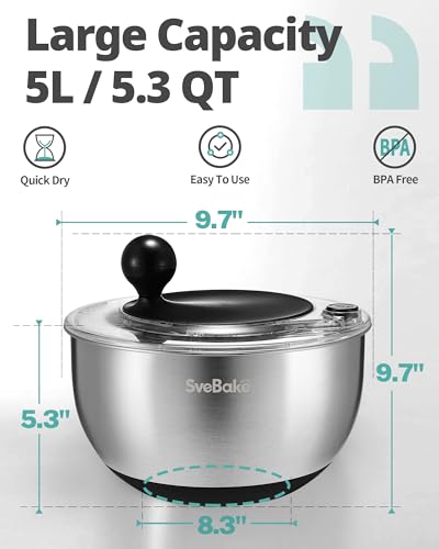 SveBake Stainless Steel Salad Spinner with Storage Lid, 5.3 Qt, BPA-Free, 4-in-1 Multi-Functional Lettuce Spinner, Fruit & Vegetable Washer, Easy Clean, Stop Button, Non-Slip Base