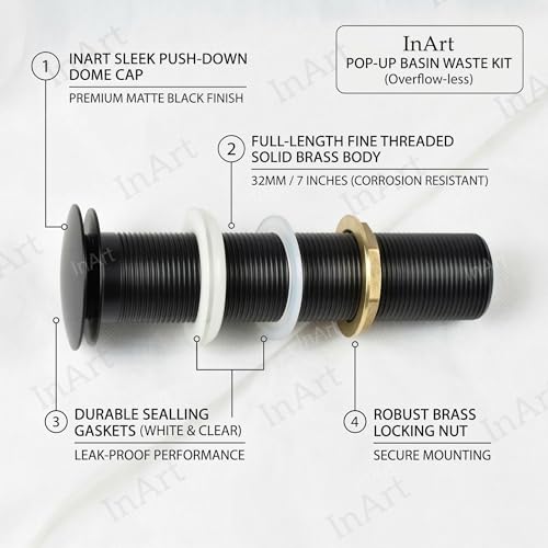 Image of InArt Brass Full Threaded Pop Up Waste Coupling 32 MM (7 inch, Black Matte) - for Table Top Wash Basins (Black 1)