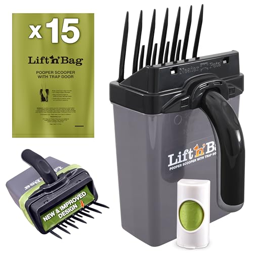 Neater Pet Brands Lift N’ Bag 2.0 Dog Pooper Scooper with Bag Attachment for Small to Large Dogs, New & Improved Design, 15 Refill Bags, Heavy Duty Dog Poop Scooper for Yard & Walks, One-Hand Use