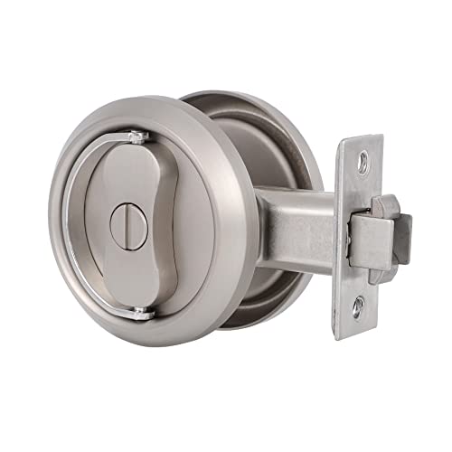 Naubea Pocket Door Lock, Satin Nickel Contemporary Privacy Round Pocket Door Hardware, 2 3/8"(60Mm) Backset, Sliding Pocket Door Lock For Bed/Bath/Barn, Black Pocket Door Latch With Pull Ring Handle #TOP6