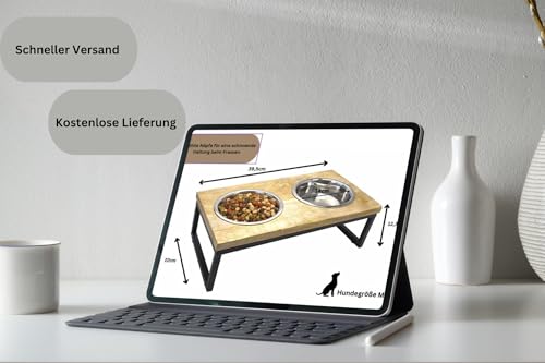 Foodbar aus Mangoholz - Futterstation mit Zwei Edelstahlnäpfen für Hunde und Katzen - Zwei Verschiedene Größen (Medium 39x22x12,3cm)