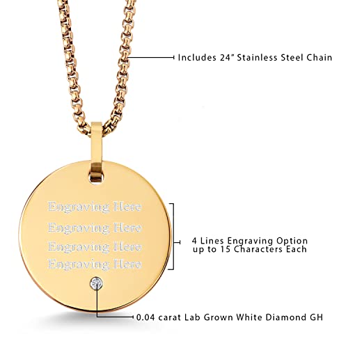 Gem Stone King Custom Free Engraving Gold Plated Tungsten Carbide Solid Polished Disc Pendant Necklace with White Lab Grown Diamond | G-H Color | SI1 Clarity | With 24 Inch Stainless Steel Chain2
