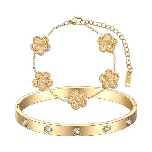 18K Gold Plated Clover Bracelet Love Bangle Set for Women Stackable Lucky Friendship Bracelet with Adjustable Extension Trendy Jewelry Gifts for Wives Girlfriends Mothers & Daughters