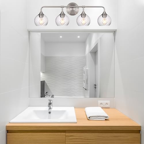 Image of MELUCEE Bathroom Vanity Light Brushed Nickel 4 Lights with Clear Striped Swirl Glass Shade, 33 inch Vanity Lighting Fixtures Over Mirror Modern Bathroom Wall Lights for Powder Room Kitchen Foyer