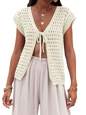 Saodimallsu Damski letni kardigan z dzianiny z dekoltem w serek, seksowny styl boho, krótki rękaw, otwarty przód, sweter z dzianiny, lekki sweter plażowy, bikini, krótki kardigan, beżowy, M