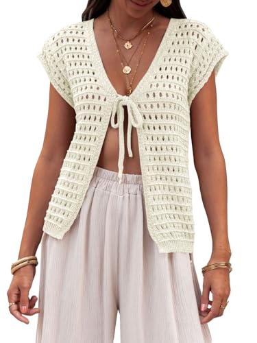 Saodimallsu Damski letni kardigan z dzianiny z dekoltem w serek, seksowny styl boho, krótki rękaw, otwarty przód, sweter z dzianiny, lekki sweter plażowy, bikini, krótki kardigan, beżowy, M