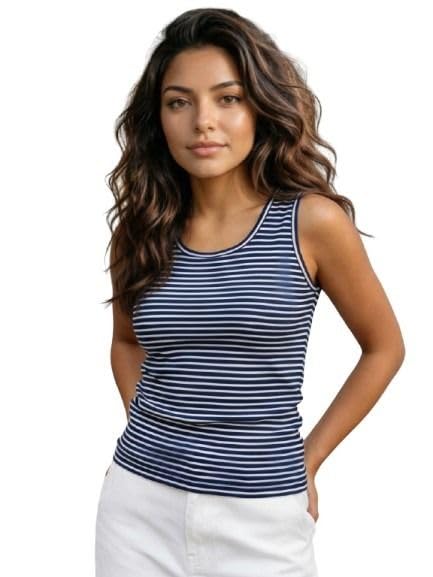 fineme Women’s Navy Blue Striped Sleeveless Tank Top | Casual Round Neck Vest | Lightweight Summer Top | Everyday Basic Camisole-picture-24