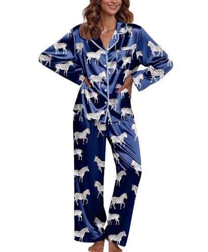 Image of Ekouaer Pajamas For Women Set Silk Pjs 2 Piece Satin Sleepwear Long Sleeve Button Down Lounge Sets With Pant