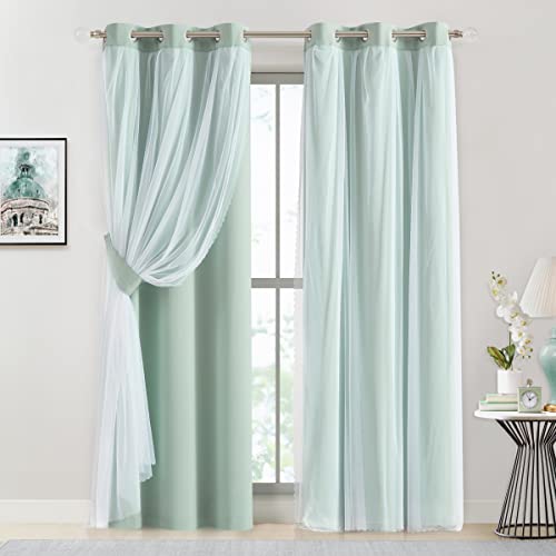 Image of Bujasso Aqua 80% Blackout Curtains with Sheer Overlay Mix and Match Double Layer Thermal Insulated Window Panels 84 inch for Living Room Bedroom Mint Green Drapes with Tiebacks Grommet Top 37 inchWx84 inchLx2