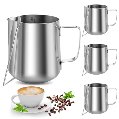 4PCS Milk Frothing Pitcher, 12oz/350ml Stainless Steel Milk Frother Cup, Espresso Coffee Jug for Latte Art Cappuccino, Barista Milk Cup with Decorating Pen for Home Barista and Coffee Bar