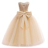 GetWish Girls Sequin Tulle Dress Formal Pageant Sparkly Birthday Party Wedding Guest Ball Gown Dresses with Bow Champagne